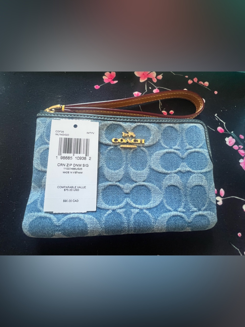 Coach Blue Signature Denim Wristlet with Brown Strap - Picture 2 of 6